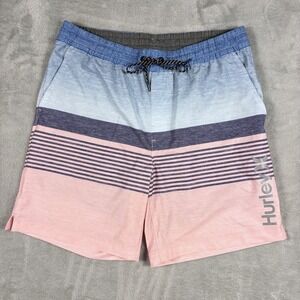 Hurley Mens L Swim Trunks Board Shorts Blue Pink Striped Drawstring Swim EUC‎